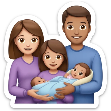 Familia hombre castaño mujer castaña bebé recién nacido y niña pequeña 4 miembros felices sticker