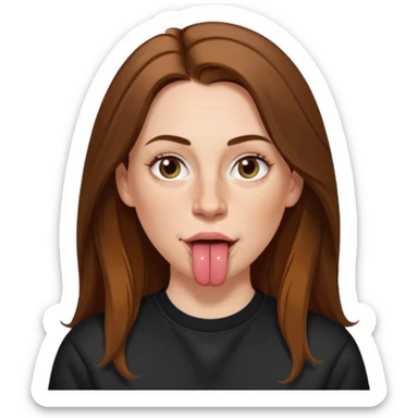 A 38 year old white woman with long brunette hair parted in the middle. She has her nose pierced. Her nose is medium sized. She has brown eyes. She has freckles and is wearing a black sweatshirt and is sticking out her tongue. sticker