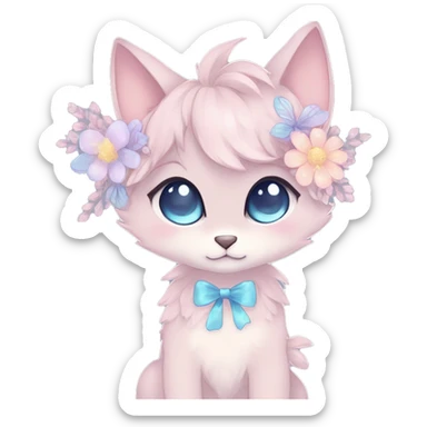 Anthro Cute Cool Blushing Pastel Innocent Shy Kawaii gorgeous sparkly ethereal fantasy anime animal creature with blue eyes furry sona with flowers and ribbons beautiful aesthetic sticker