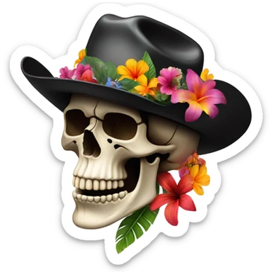 Realistic side view of a skull in a black cowboy hat on decorated with tropical flowers. sticker