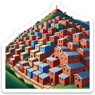 Urban Peruvian hillside neighborhood, brick houses stacked on steep hills, unfinished red brick buildings, colorful painted facades, narrow stairways, electric cables crossing the sky, sunset lighting, realistic style, cinematic, high detail in the desert sticker