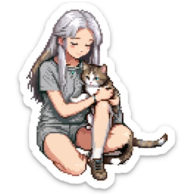 Remix: Beautiful girl with long straight silver hair, inspired by the reference, petting a gray and blonde mixed cat, pixel art style, girl standing, cat rubbing against her leg sticker
