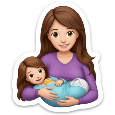 Mom with long brown hair give a birth smiling sticker