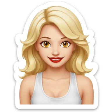a woman with white tank top and smile, her hair is long wavy blonde hair, her face is baddie girl style, her eyes color are yellow and the color of her lip is soft red sticker