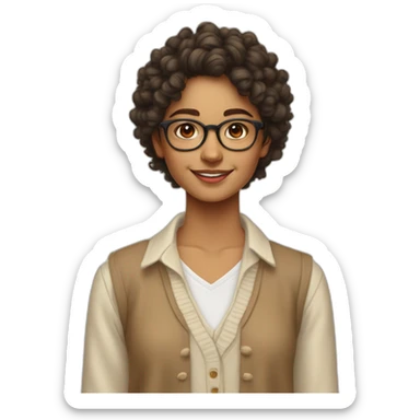 smiling indian teenage girl with curly hair and glasses wearing a collared long sleeve white shirt under a beige v shaped collar sweatervest with no buttons sticker