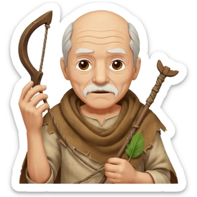 ancient old man, tattered leaf cloth, hold the slingshot sticker