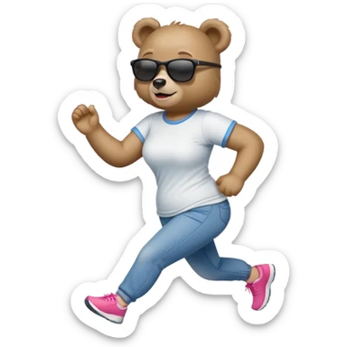 friendly anthropomorphised female bear in jeans and a t-shirt, wearing dark sunglasses, jogging upright in relaxed pose sticker