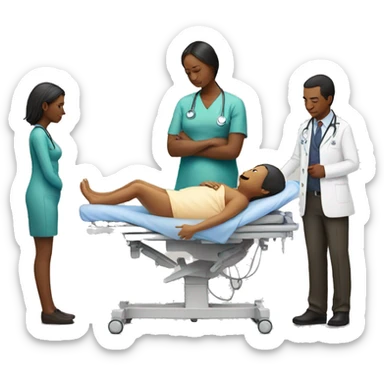 a woman gives birth and doctors stand nearby sticker