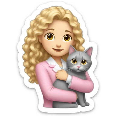 A girl with long curly blond hair in a pink formal jacket and a white dress hugs a gray cat sticker