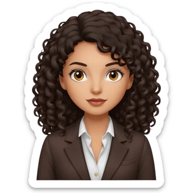 medium deep tan brown business woman with long black curly hair, light rosy cheeks, smoky eyes, dark brown eyes, wearing a dark brown blazer, white shirt sticker
