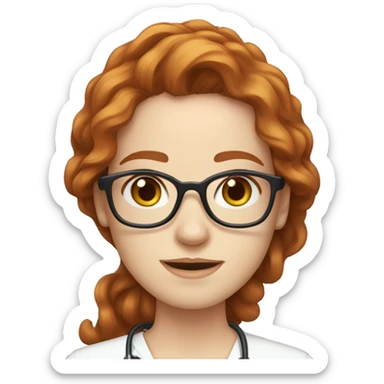 redhead young woman with glasses wavy long hair, pale skin, brown eyes, doctor  sticker