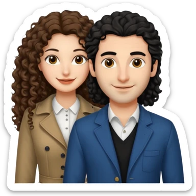 A Lebanese women with straight long brown hair and an Italian man with curly black hair looking at the camera smiling wearing nice modern but stylish clothing sticker