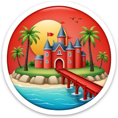 a circular island with a modern chateau, a beach with palm trees in front. also, a red bridge behind.  sticker