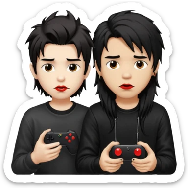 pale Goth boy with a bunch of face piercings, with shaggy dark brown hair, smudged red lipstick next to a Carmel  skin gamer boy with long black hair , they are watching tv together  sticker