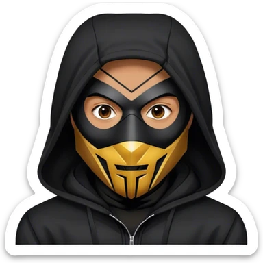 man with black hooded jacket and a full black full-face geometric mask with only black sticker