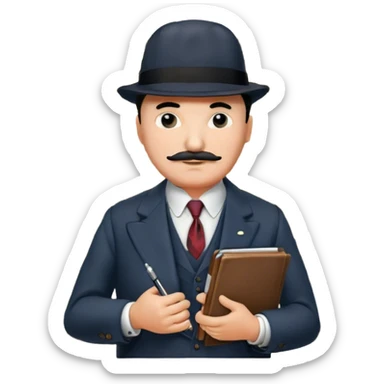 A cinematic-style frame showing Hercule Poirot in his iconic suit with a notebook in a dramatic detective pose. Background should be mysterious city, map, a board with photos of suspects, clues like fingerprints. Transparent background. sticker