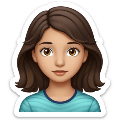 Create a emoji of a girl teen (14 years old) with dark brown hair and a little bit lighter brown in the end of the hair (but mixed) and waves in the hair with MEDIUM FAIR TO OLIVE skin tone, dark brown eyes, perfect nose, long eyelashes sticker