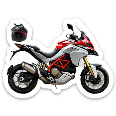 Moto de enduro Ducati multistrada roja y negra con bolsas laterales y bolsa trasera. Piloto con casco abierto gris. Vista frontal sticker
