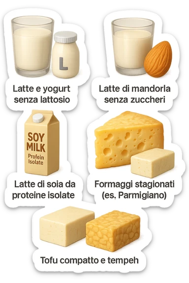 emoji stile iphone 3d di questi elementi che fluttuano in aria:

Latte e yogurt delattosati
Latte di mandorla (non zuccherato)
Latte di soia da proteine isolate
Formaggi stagionati (es. parmigiano)
Tofu compatto e tempeh
 che fluttuano in aria,  le etichette scrivile in italiano, iperealistico 4k sticker