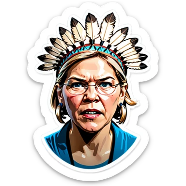 Make a picture of Senator Elizabeth Warren with a traditional Native American headdress make it less cartoonish without the braids make it more realistic accentuate her wrinkles and more realistic make her hair blonder and get rid of the headdress besides make her look very worried like she’s getting caught sticker