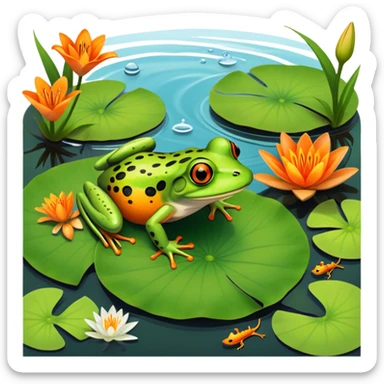 Icon for Amphibians: A colorful collage featuring a frog sitting on a lily pad, a salamander crawling on the ground and a newt swimming in water. The background features lily flowers and a calm pond setting. Transparent background. sticker