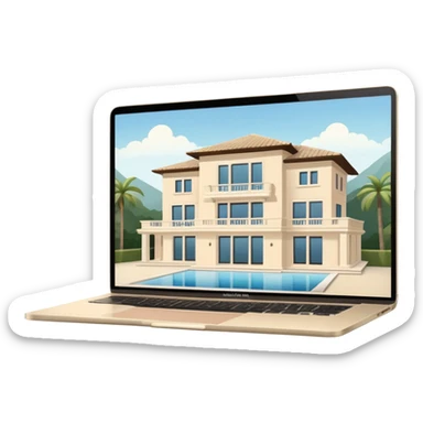 
light beige open macbook sideways with luxury villa on screensaver sticker