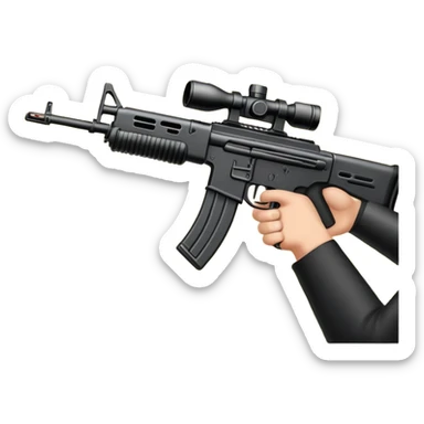 An icon showing hands holding an assault rifle in the foreground, with enemies in the distance and a dynamic landscape as the background. The design captures the intensity of a first-person shooter, with focus on the weapon and action. Transparent background emphasizes the scene. sticker
