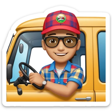 Cute emoji style illustration of a Peruvian truck driver, smiling young “chofercito carretero”, wearing baseball cap, sunglasses, plaid shirt, leaning out of a Hino 500 truck window, vibrant colors, bold outlines, glossy 3D emoji style, sticker design, transparent background sticker
