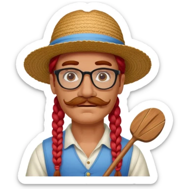 venice gondolier with long red braided hair, iconic hat, normal glassess and mustache sticker