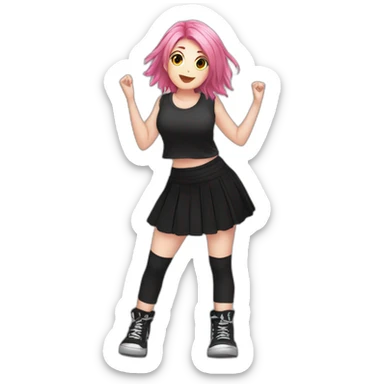 Full body Front view curvy emo girl pink hair sits on the floor straight view hands up black skirt белые трусики sticker