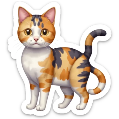 full body anxious looking colourful patchy calico tabby cat with tiny head to large body with fully white front legs sticker