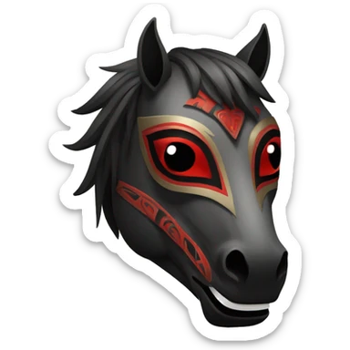 Black mask of a smiling horse with red eyes in front with a tribal style sticker