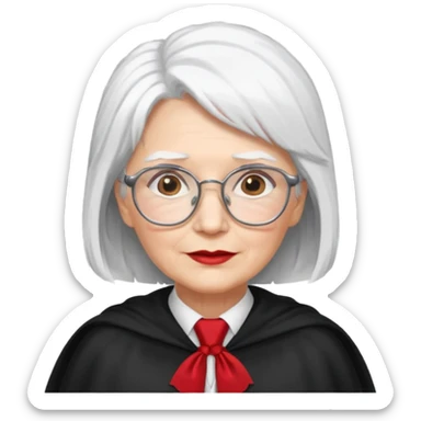 An older woman with glasses and white hair, in a red tie and black cape sticker