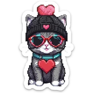 cat wearing a beanie and heart-shaped sunglasses sticker