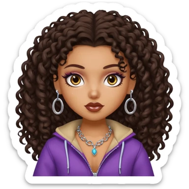 pretty bratz baddie, dark brown curly head, tan skin, piercing sticker