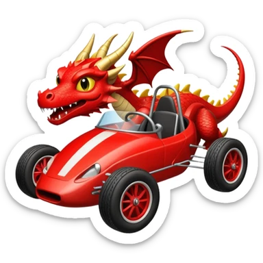 Special air-cooled three-cylinder race car whose frame and suspension is made of shopping cart material with a large gas tank, and rear spoiler, is being professionally steered/driven by a small dark-colored dragon  sticker