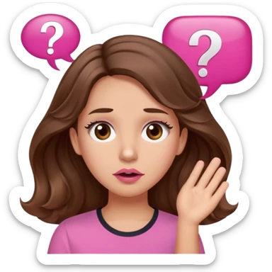 girl with long wavy brown hair, brown eyes, light to medium complexion, in a pink shirt, pink lips, long lashes, confused, question mark one speech bubble sticker