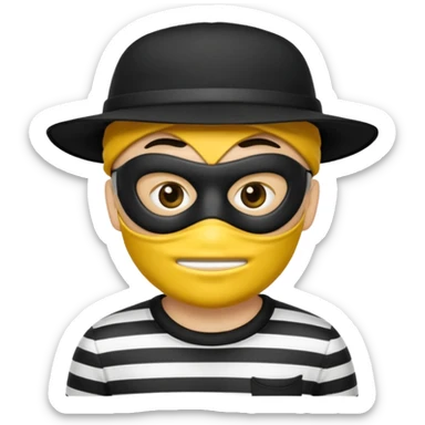 Make a robber emoji with yellow skin and white and black shirt with a mask thats black and make a hat on him sticker