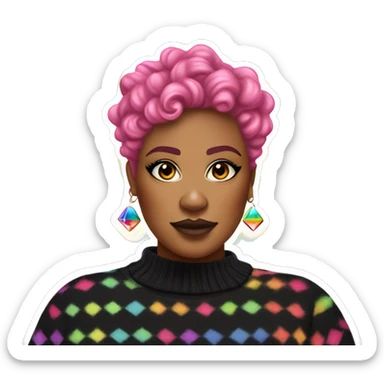 Large Plus size black woman with edgy pink curly pixie cut hair and a rainbow tie dye sweater , and diamond stud earrings  sticker