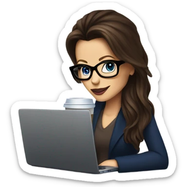 Hyper Realistic Kate Beckinsale dark blue eyes wearing glasses drinking coffee at a laptop  sticker