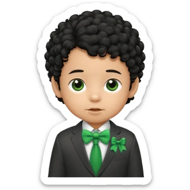baby boy curly black hair in suit, with green bow sticker