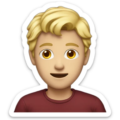 dirty blond teenage boy with maroon shirt sticker