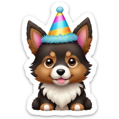 A black and brown puppy with pointy ears and party hat sticker