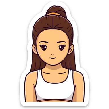 beautiful girl, long straight brown hair, brown eyes with lashes, wearing a white crop top, tan skin sticker