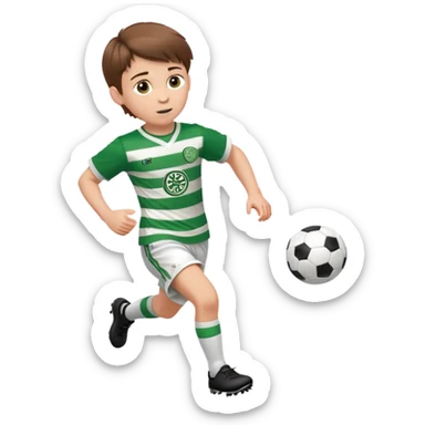Celtic footballer jersey logo  6 years old brown hair white boy , brown eyes , stripes uniform , RUNNING  with soccer ball # 17 celtic football logo  ONE CELTIC LOGO ONLY white shorts sticker