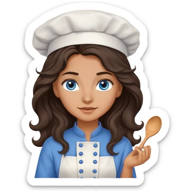 A girl with long, dark brown, wavy hair, grey-blue eyes. He cooks in the clothes of a cook sticker