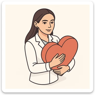 A girl doctor with dark long straight hair, detailed brown eyes (not just dots), wearing a white coat, holding or hugging a large heart with both hands, looking straight at the camera, minimalist background, in 2D isometric style. Appearance matches the reference image. sticker