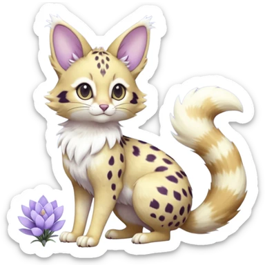 Hyper realistic  frost-lavender fur kissed with pale moon-silver dewshine beautiful elegant pretty precious cute  Fakémon-Pokémon-opossum-serval-caracal-Ocelot-Minccino-hybrid-creature with a big fluffy bushy tail (full body) sticker