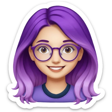 young girl, long purple ombre hair, retro round glasses, influencer, smiling, trend leader sticker