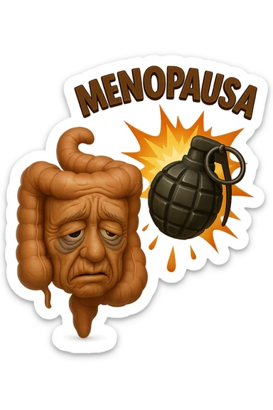 EMOJI STILE IPHONE 3D DI INTESTINO ANZIANO CON RUGHE SFINITO CON ESPRESSIONE STANCA, ACCANTO A LUI SCOPPIA UNA GRANATA 3D CON LA SCRITTA "MENOPAUSA" SOPRA sticker